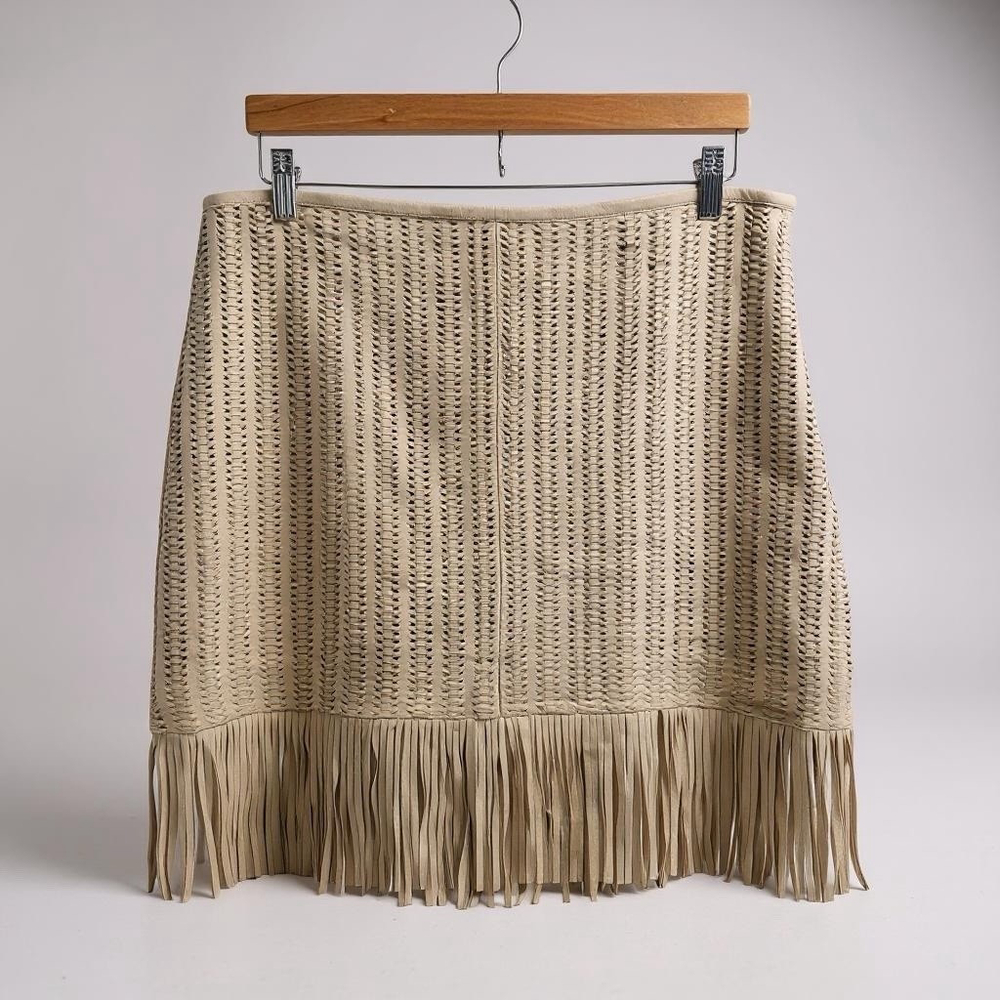 Ralph Lauren Pencil Skirt Leather Fringe‎ Trim Woven Explorer Sand Size 14 NWT